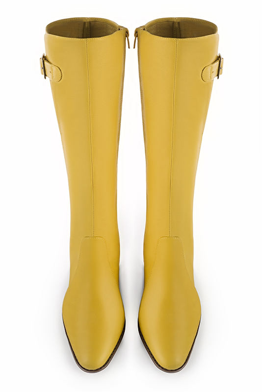 Yellow women's knee-high boots with buckles. Round toe. Flat leather soles. Made to measure. Top view - Florence KOOIJMAN